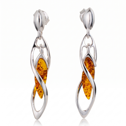 Baltic Honey Amber Earrings in Sterling Silver featuring genuine honey Baltic amber gemstones set in polished 925 sterling silver, isolated on a white background.