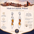 Baltic Honey Amber Earrings in Sterling Silver infographic highlighting authentic honey Baltic amber, 925 sterling silver, handcrafted craftsmanship, earring dimensions, and Made in Gdańsk, Poland heritage.