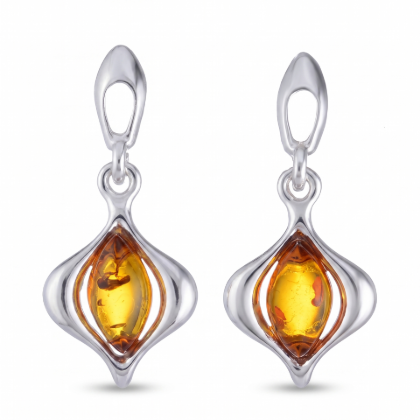 Maisie Baltic Honey Amber Earrings in Sterling Silver featuring genuine honey Baltic amber gemstones set in polished 925 sterling silver, isolated on a white background.