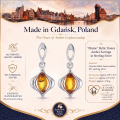 Maisie Baltic Honey Amber Earrings in Sterling Silver infographic highlighting authentic honey Baltic amber, 925 sterling silver, handcrafted craftsmanship, earring dimensions, and Made in Gdańsk, Poland heritage.