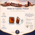 Baltic Honey Amber Rectangular Stud Earrings in Sterling Silver infographic highlighting authentic honey Baltic amber, 925 sterling silver, handcrafted craftsmanship, stud earring dimensions, and Made in Gdańsk, Poland heritage.