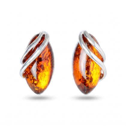 Baltic Honey Amber Stud Drop Earrings in Sterling Silver featuring genuine honey Baltic amber gemstones set in polished 925 sterling silver, isolated on a white background.