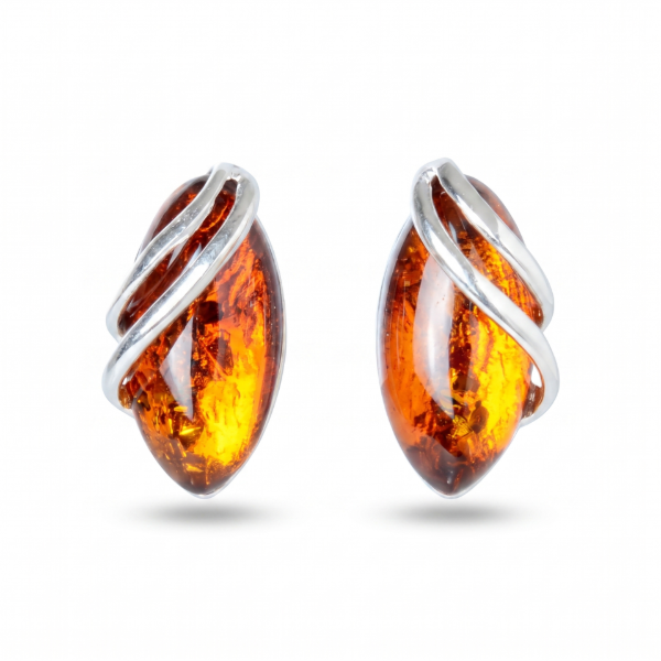 Baltic Honey Amber Stud Drop Earrings in Sterling Silver featuring genuine honey Baltic amber gemstones set in polished 925 sterling silver, isolated on a white background.