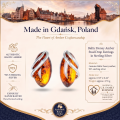 Baltic Honey Amber Stud Drop Earrings in Sterling Silver infographic highlighting authentic honey Baltic amber, 925 sterling silver, handcrafted craftsmanship, stud drop earring dimensions, and Made in Gdańsk, Poland heritage.
