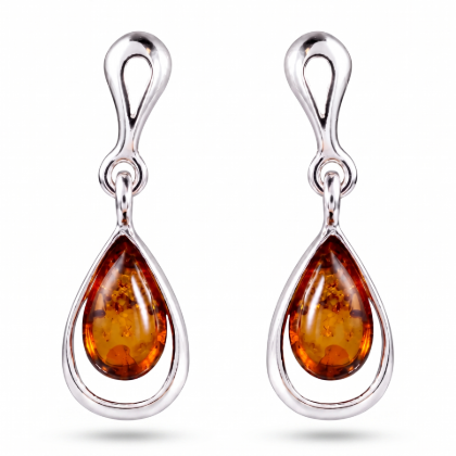 Julia Baltic Honey Amber Earrings in Sterling Silver featuring genuine honey Baltic amber gemstones set in polished 925 sterling silver, isolated on a white background.