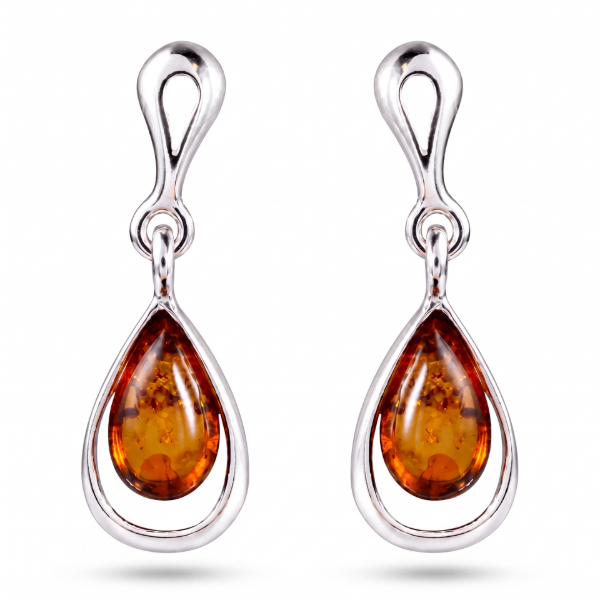 Julia Baltic Honey Amber Earrings in Sterling Silver featuring genuine honey Baltic amber gemstones set in polished 925 sterling silver, isolated on a white background.