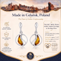 Serenity Baltic Honey Amber Earrings in Sterling Silver infographic highlighting authentic honey Baltic amber, 925 sterling silver, handcrafted craftsmanship, earring dimensions, and Made in Gdańsk, Poland heritage.