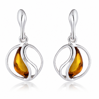 Serenity Baltic Honey Amber Earrings in Sterling Silver featuring genuine honey Baltic amber gemstones set in polished 925 sterling silver, isolated on a white background.