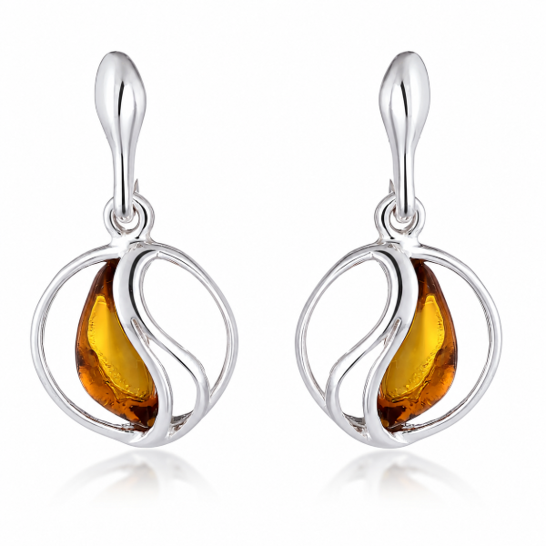 Serenity Baltic Honey Amber Earrings in Sterling Silver featuring genuine honey Baltic amber gemstones set in polished 925 sterling silver, isolated on a white background.