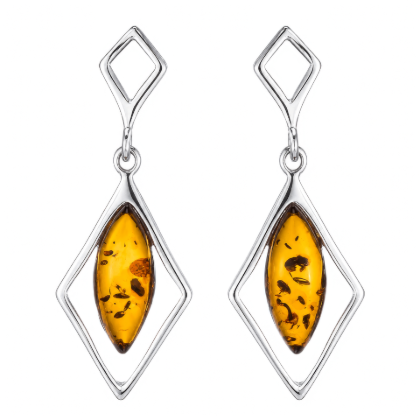 Rosalie Baltic Honey Amber Earrings in Sterling Silver featuring genuine honey Baltic amber gemstones set in polished 925 sterling silver, isolated on a white background.