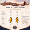 Rosalie Baltic Honey Amber Earrings in Sterling Silver infographic highlighting authentic honey Baltic amber, 925 sterling silver, handcrafted craftsmanship, earring dimensions, and Made in Gdańsk, Poland heritage.