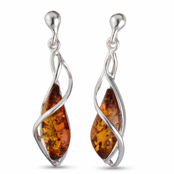 Matilda Baltic Honey Amber Earrings in Sterling Silver featuring genuine honey Baltic amber gemstones set in polished 925 sterling silver, isolated on a white background.