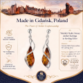 Matilda Baltic Honey Amber Earrings in Sterling Silver infographic highlighting authentic honey Baltic amber, 925 sterling silver, handcrafted craftsmanship, earring dimensions, and Made in Gdańsk, Poland heritage.