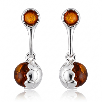 Baltic Honey Amber Soccer Ball Drop Stud Earrings in Sterling Silver featuring genuine honey Baltic amber gemstones in a soccer ball-inspired drop stud design, set in polished 925 sterling silver, isolated on a white background.