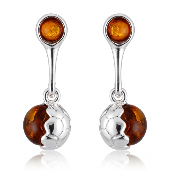 Baltic Honey Amber Soccer Ball Drop Stud Earrings in Sterling Silver featuring genuine honey Baltic amber gemstones in a soccer ball-inspired drop stud design, set in polished 925 sterling silver, isolated on a white background.