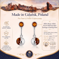 Baltic Honey Amber Soccer Ball Drop Stud Earrings in Sterling Silver infographic highlighting authentic honey Baltic amber, 925 sterling silver, handcrafted craftsmanship, soccer ball drop stud earring dimensions, and Made in Gdańsk, Poland heritage.