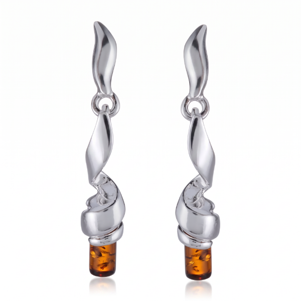 Eva Baltic Honey Amber Earrings in Sterling Silver featuring genuine honey Baltic amber gemstones set in polished 925 sterling silver, isolated on a white background.