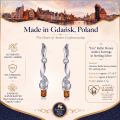 Eva Baltic Honey Amber Earrings in Sterling Silver infographic highlighting authentic honey Baltic amber, 925 sterling silver, handcrafted craftsmanship, earring dimensions, and Made in Gdańsk, Poland heritage.