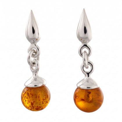 Sarah Baltic Honey Amber Earrings in Sterling Silver featuring genuine honey Baltic amber gemstones set in polished 925 sterling silver, isolated on a white background.