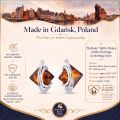 Bethany Baltic Honey Amber Earrings in Sterling Silver infographic highlighting authentic honey Baltic amber, 925 sterling silver, handcrafted craftsmanship, earring dimensions, and Made in Gdańsk, Poland heritage.