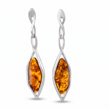 Neveah Baltic Honey Amber Earrings in Sterling Silver featuring genuine honey Baltic amber gemstones set in polished 925 sterling silver, isolated on a white background.