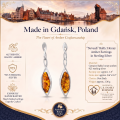 Neveah Baltic Honey Amber Earrings in Sterling Silver infographic highlighting authentic honey Baltic amber, 925 sterling silver, handcrafted craftsmanship, earring dimensions, and Made in Gdańsk, Poland heritage.