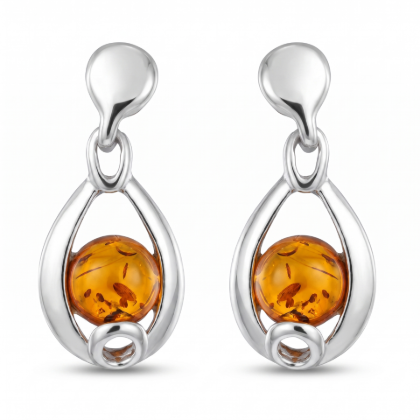 Peyton Baltic Honey Amber Earrings in Sterling Silver featuring genuine honey Baltic amber gemstones set in polished 925 sterling silver, isolated on a white background.