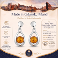 Peyton Baltic Honey Amber Earrings in Sterling Silver infographic highlighting authentic honey Baltic amber, 925 sterling silver, handcrafted craftsmanship, earring dimensions, and Made in Gdańsk, Poland heritage.