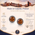 Catalina Baltic Honey Amber Earrings in Sterling Silver infographic highlighting authentic honey Baltic amber, 925 sterling silver, handcrafted craftsmanship, earring dimensions, and Made in Gdańsk, Poland heritage.