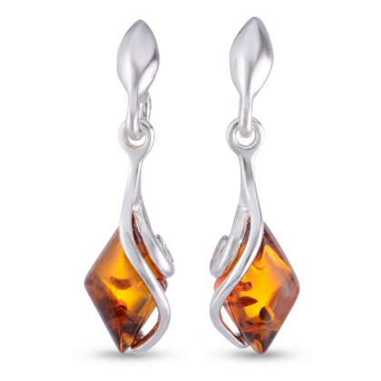 Baltic Honey Amber Drop Stud Earrings in Sterling Silver featuring genuine honey Baltic amber gemstones set in polished 925 sterling silver, isolated on a white background.