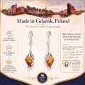 Baltic Honey Amber Drop Stud Earrings in Sterling Silver infographic highlighting authentic honey Baltic amber, 925 sterling silver, handcrafted craftsmanship, drop stud earring dimensions, and Made in Gdańsk, Poland heritage.