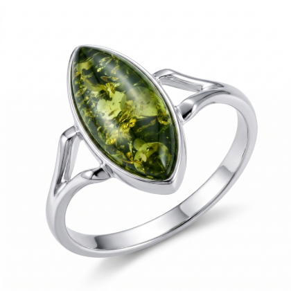 Autumn Baltic Green Amber Ring in Sterling Silver featuring a genuine green Baltic amber gemstone set in polished 925 sterling silver, isolated on a white background.