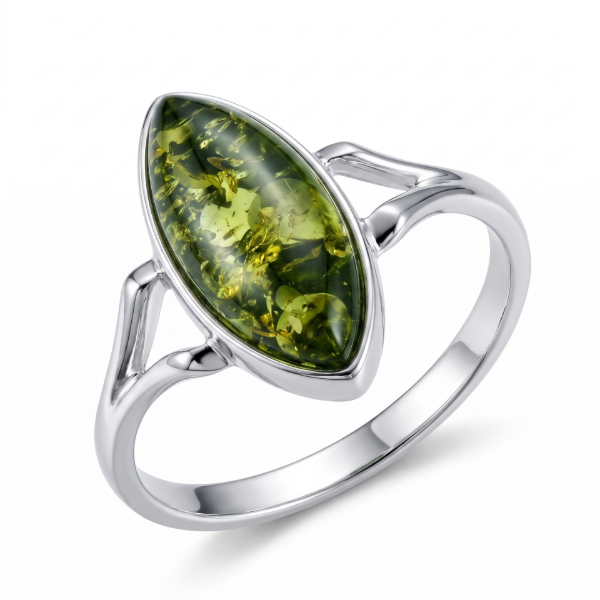 Autumn Baltic Green Amber Ring in Sterling Silver featuring a genuine green Baltic amber gemstone set in polished 925 sterling silver, isolated on a white background.