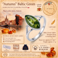Autumn Baltic Green Amber Ring in Sterling Silver infographic highlighting authentic green Baltic amber, 925 sterling silver, handcrafted craftsmanship, ring dimensions, and Made in Gdańsk, Poland heritage.