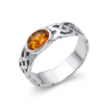 Gothic Baltic Honey Amber Ring in Sterling Silver featuring a genuine honey Baltic amber gemstone in a gothic-inspired design, set in polished 925 sterling silver, isolated on a white background.