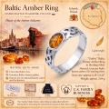 Gothic Baltic Honey Amber Ring in Sterling Silver infographic highlighting authentic honey Baltic amber, 925 sterling silver, handcrafted craftsmanship, ring dimensions, and Made in Gdańsk, Poland heritage.