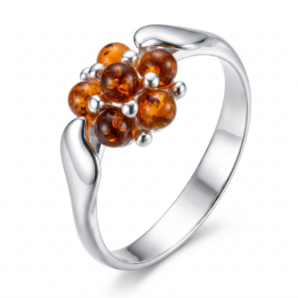 Aster Baltic Honey Amber Ring in Sterling Silver featuring a genuine honey Baltic amber gemstone set in polished 925 sterling silver, isolated on a white background.