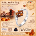Aster Baltic Honey Amber Ring in Sterling Silver infographic highlighting authentic honey Baltic amber, 925 sterling silver, handcrafted craftsmanship, ring dimensions, and Made in Gdańsk, Poland heritage.