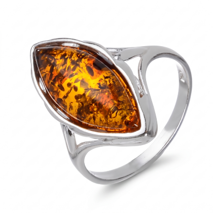 Baltic Honey Amber Marquise Ring in Sterling Silver featuring a genuine marquise-cut honey Baltic amber gemstone set in polished 925 sterling silver, isolated on a white background.