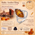 Baltic Honey Amber Marquise Ring in Sterling Silver infographic highlighting authentic honey Baltic amber, 925 sterling silver, handcrafted craftsmanship, ring dimensions, and Made in Gdańsk, Poland heritage.
