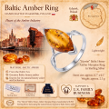 Harriet Baltic Honey Amber Marquise Ring in Sterling Silver infographic highlighting authentic honey Baltic amber, 925 sterling silver, handcrafted craftsmanship, ring dimensions, and Made in Gdańsk, Poland heritage.