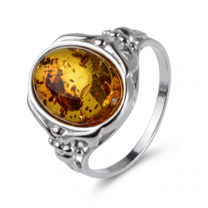 Maggie Baltic Honey Amber Oval Ring in Sterling Silver featuring a genuine oval honey Baltic amber gemstone set in polished 925 sterling silver, isolated on a white background.