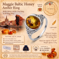 Maggie Baltic Honey Amber Oval Ring in Sterling Silver infographic highlighting authentic honey Baltic amber, 925 sterling silver, handcrafted craftsmanship, ring dimensions, and Made in Gdańsk, Poland heritage.