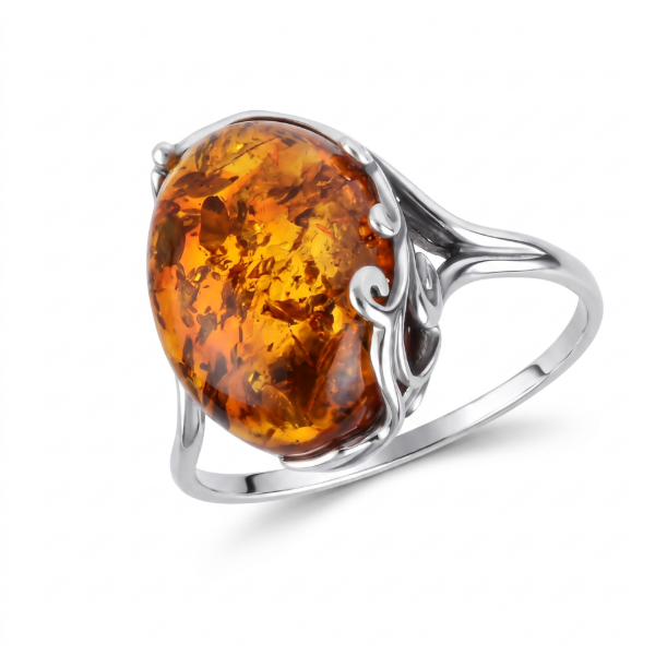 GIA Certified Baltic Honey Amber Oval Ring in Sterling Silver featuring a genuine oval honey Baltic amber gemstone set in polished 925 sterling silver, isolated on a white background.