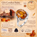 GIA Certified Baltic Honey Amber Oval Ring in Sterling Silver infographic highlighting authentic honey Baltic amber, GIA certification, 925 sterling silver, handcrafted craftsmanship, ring dimensions, and Made in Gdańsk, Poland heritage.