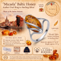 Micaela Baltic Honey Amber Oval Ring in Sterling Silver infographic highlighting authentic honey Baltic amber, 925 sterling silver, handcrafted craftsmanship, ring dimensions, and Made in Gdańsk, Poland heritage.