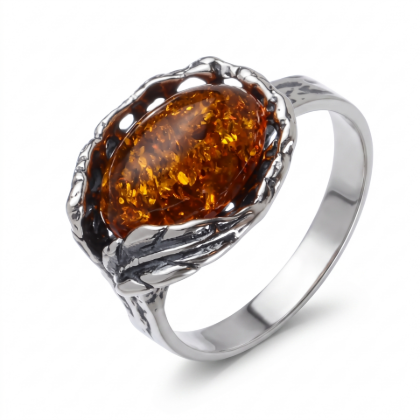 Katharina Baltic Honey Amber Ring in Sterling Silver featuring a genuine honey Baltic amber gemstone set in polished 925 sterling silver, isolated on a white background.