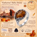 Katharina Baltic Honey Amber Ring in Sterling Silver infographic highlighting authentic honey Baltic amber, 925 sterling silver, handcrafted craftsmanship, ring dimensions, and Made in Gdańsk, Poland heritage.