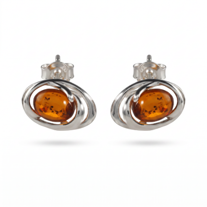 Emily Baltic Honey Amber Earrings in Sterling Silver featuring genuine honey Baltic amber gemstones set in polished 925 sterling silver, isolated on a white background.