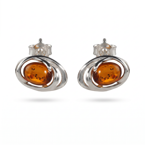 Emily Baltic Honey Amber Earrings in Sterling Silver featuring genuine honey Baltic amber gemstones set in polished 925 sterling silver, isolated on a white background.
